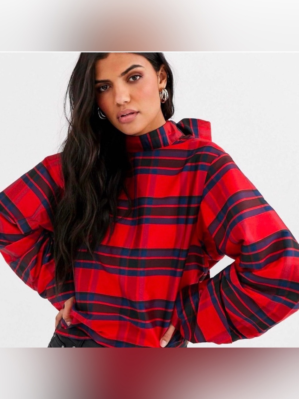 ASOS Red and Navy Plaid High-Neck Tunic Top Size 4